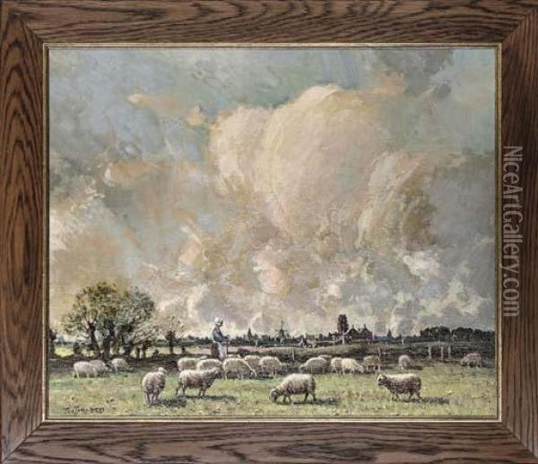 Tending The Flock, Damme Near Bruges Oil Painting - Thomas, Tom Campbell