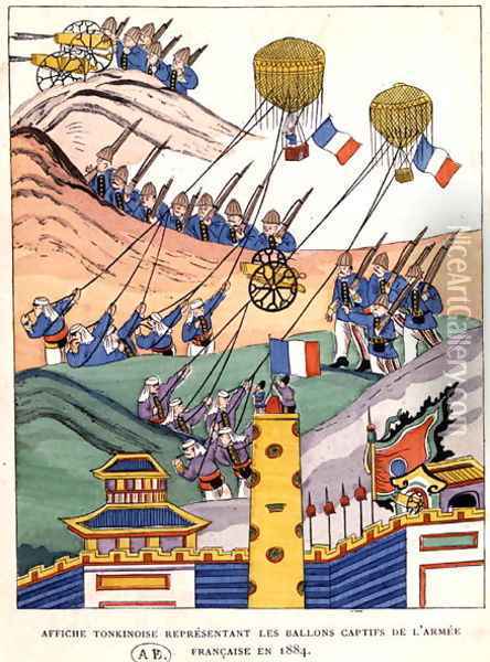 Poster showing the French troops using captured balloons at the time of the conquest of Tonkin, 1884 Oil Painting - Anonymous Artist