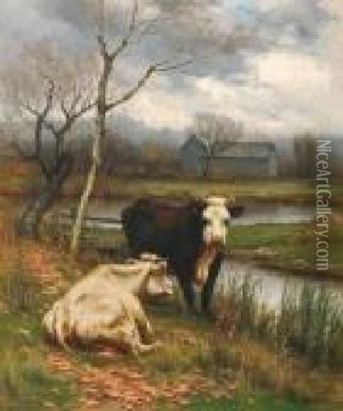 Cattle Resting Near A Pond Oil Painting - John Carleton Wiggins