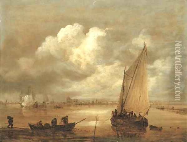 A river landscape with fishermen drawing in their nets, a town beyond Oil Painting - Jan van Goyen