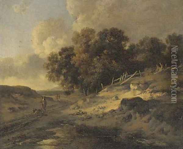 A woodside track with travellers and dogs Oil Painting - Jan Wynants