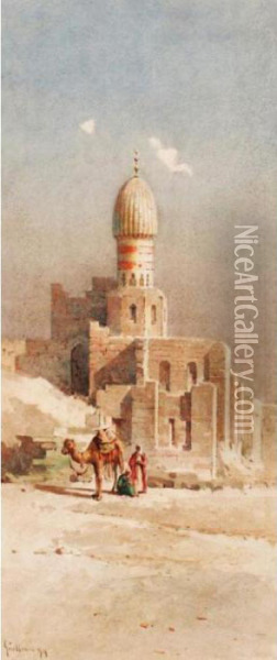 Camel And Arabs Before A Mosque; Distant View Of The Mosque Oil Painting - Angelos Giallina