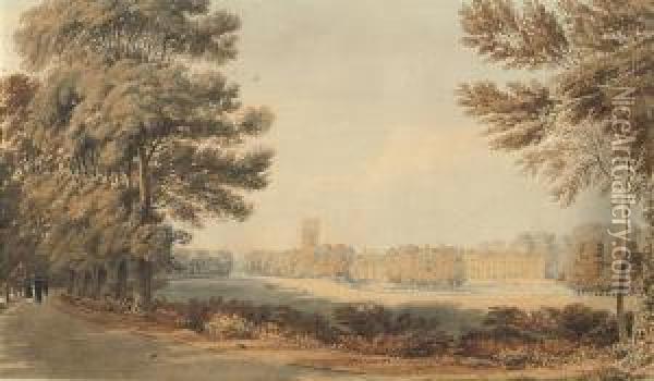 View Of Magdalen College, 
Oxford, From Addison's Walk With Thomasisherwood, George Chaplin And 
John Rouse Bloxam In Theforeground Oil Painting - William Turner