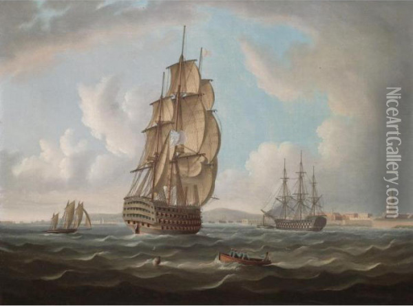 Men-of-war Coming Into Harbour, Possibly At Portsmouth Oil Painting - Thomas Buttersworth