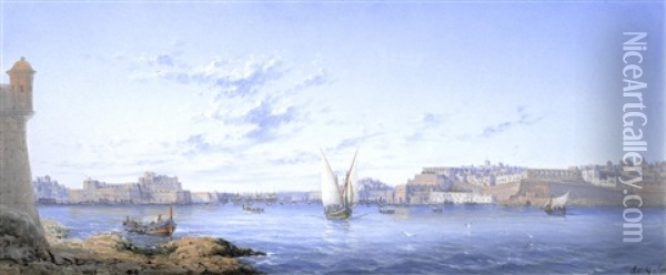 Marsamxett Harbour At Dusk; The Grand Harbour, Valletta Oil Painting - Luigi Maria Galea