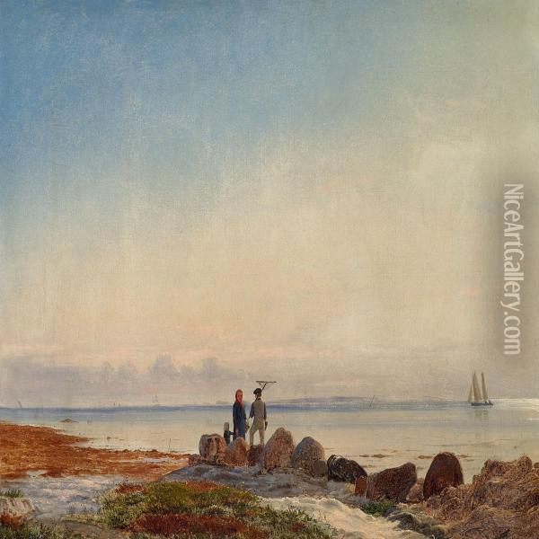 Fisherman And His Family On The Beach Oil Painting - Viggo Fauerholdt