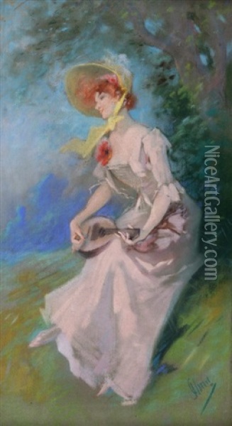 Femme A La Mandoline Oil Painting - Jules Cheret