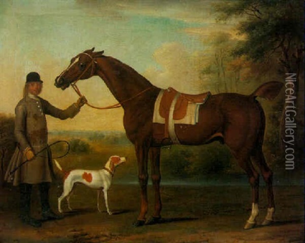 A Bay Hunter Held By A Groom With A Hound Oil Painting - James Seymour