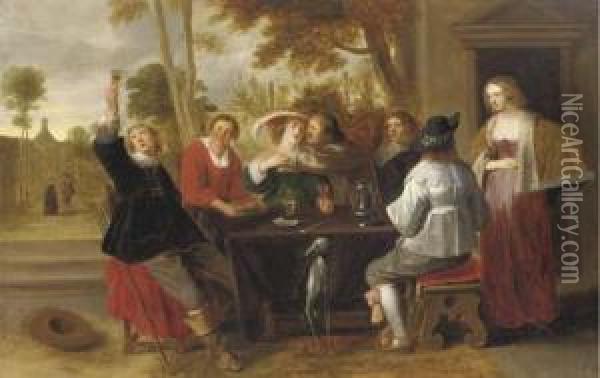 Elegant Company At Table On A Terrace Oil Painting - Christoffel Jacobsz van der Lamen