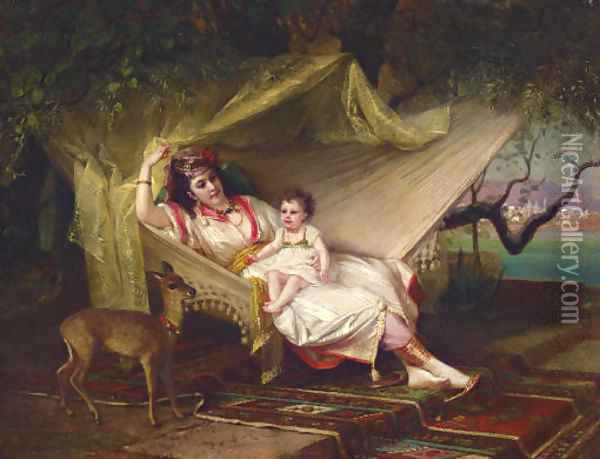 Clementine Stora and her Daughter Lucie in an Interior, Constantinople Oil Painting - Constant Joseph Brochart