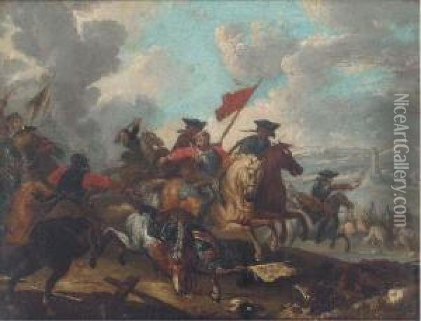 A Cavalry Engagement Oil Painting - Guglielmo Cortese Il Borgognone