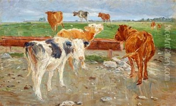 Cows Near The Well At Gammelgaard, Saltholm Oil Painting - Theodor Philipsen