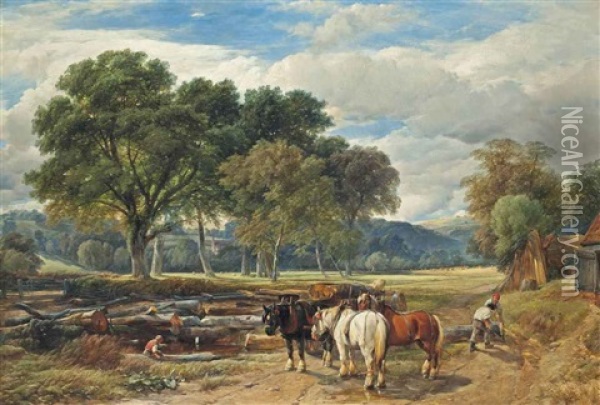 Loggers In An Extensive Summer Landscape Oil Painting - Henry Brittan Willis