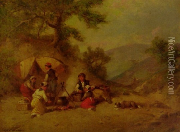By The Camp Fire Oil Painting - George Washington Nicholson