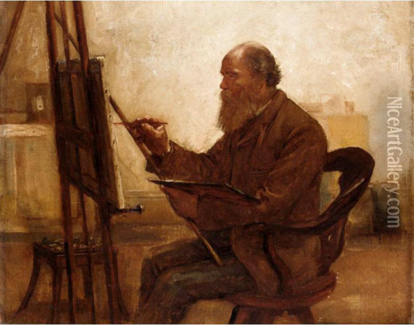 Self-portrait While Painting Oil Painting - Arthur Bertram Loud
