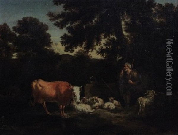 Shepherd With Sheep And Cows Oil Painting - Adriaen Van De Velde