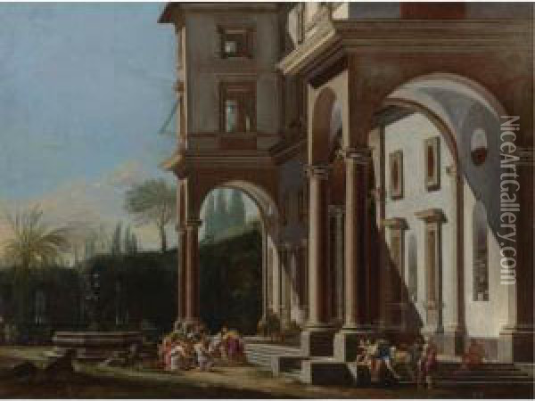 A Palace With Pavilions And A Fountain, With Joseph Revealing Himself To His Brothers Oil Painting - Viviano Codazzi