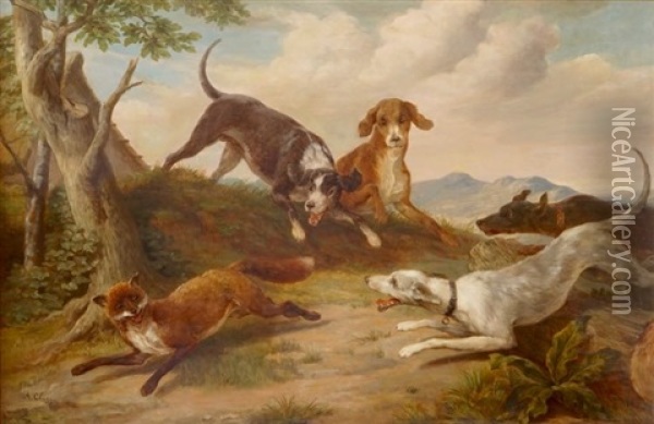 Dogs Hunting A Fox Oil Painting - Alexandre Clarys