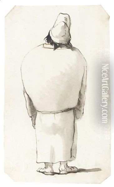 Caricature Of A Man, Seen From Behind, Wearing Robes And A Cap Oil Painting - Giovanni Battista Tiepolo
