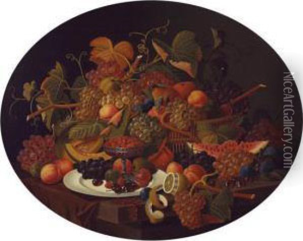 Still Life With Fruit On A Marble Tabletop Oil Painting - Severin Roesen