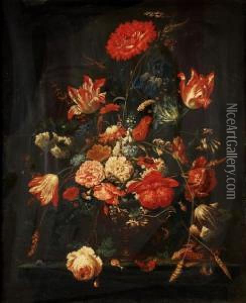 Roses, Tulips, Carnationsand Other Flowers In A Glass Vase Oil Painting - Abraham Mignon