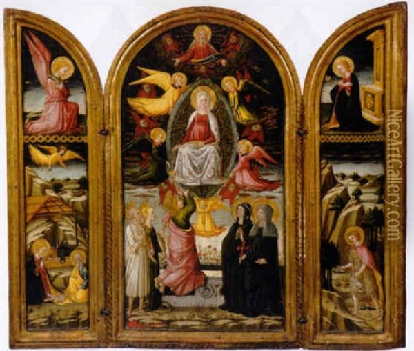 The Assumption Of The Virgin With Saint Thomas Receiving The Girdle - The Nativity With The Annunciation - Saint John The Baptist In The Wilderness Oil Painting - Neri di Bicci
