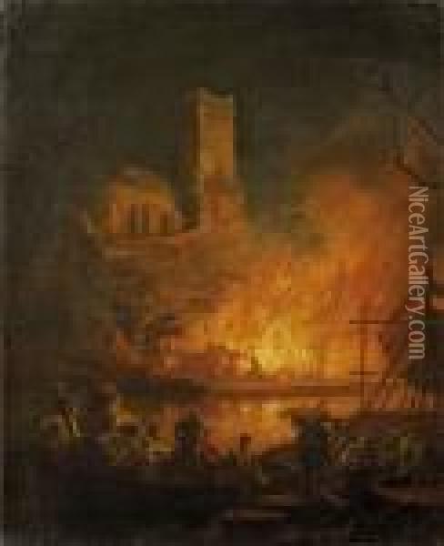 Incendie Dans Un Port Oil Painting - Pierre-Jacques Volaire