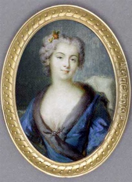 A Young Lady, In Fur-bordered Blue Silk Day Dress With White Underdress And White Stole, Jewelled Brooch At Corsage, Flowers In Her Upswept And Curled Powdered Hair Oil Painting - Jean-Baptiste Masse