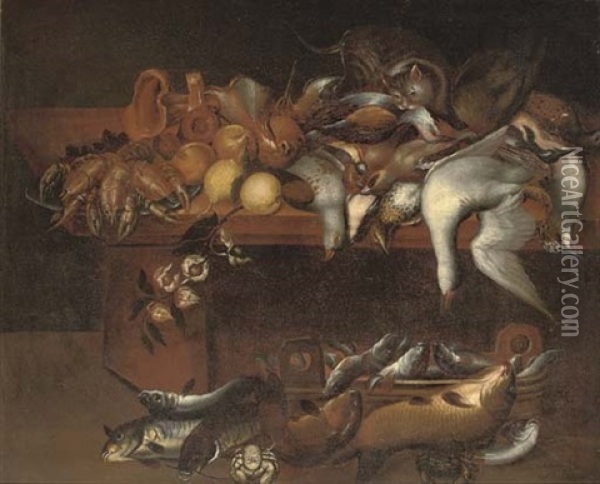 Dead Partridges, A Goose And Other Game, A Cat, Lobsters, Lemons And Mushrooms On A Table, A Basket Of Fish Nearby Oil Painting - Felice Boselli