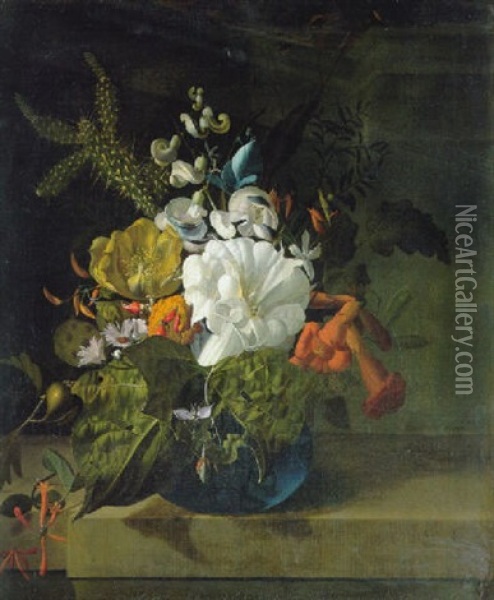 Margurites, A Cactus, Jasmine And Other Flowers In A Glass Vase On A Ledge Oil Painting - Rachel Ruysch
