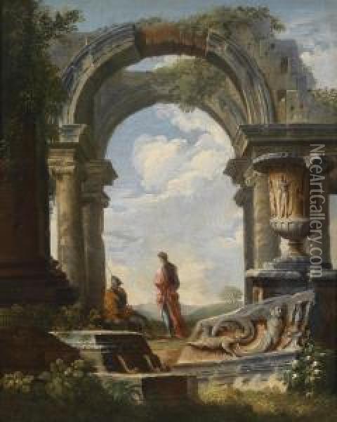 Twocapriccios Of Classical Ruins Oil Painting - Giovanni Niccolo Servandoni