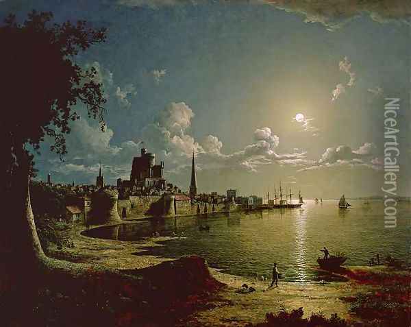 Moonlight Scene, Southampton, 1820 Oil Painting - Sebastian Pether