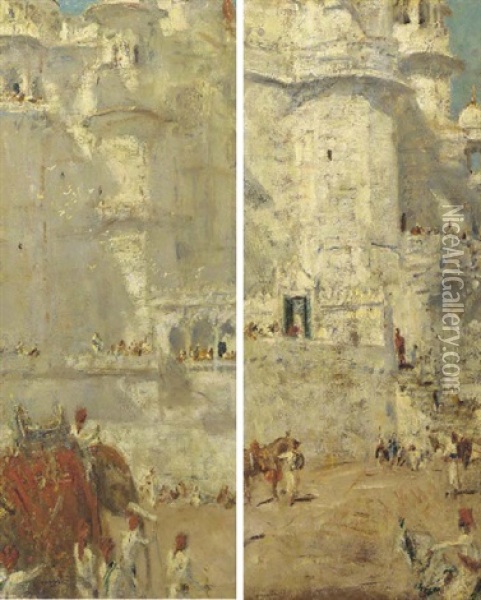Paleis Ingang - Ruiters (+ Indisch Paleis - Olifant; Pair) Oil Painting - Marius Bauer