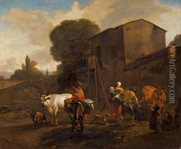 Landschaft Mit Bauern Vor Einem Haus Oil Painting - Nicolaes Berchem