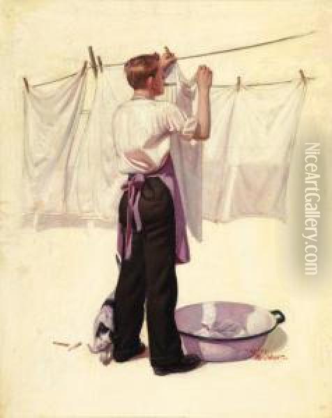 Hanging The Laundry, Liberty Cover Oil Painting - Leslie Thrasher