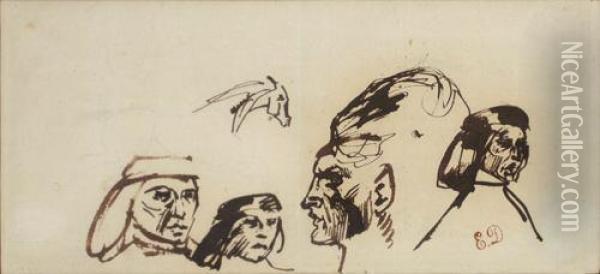 Study Of Heads (with Image Of Figure To Verso) Oil Painting - Eugene Delacroix