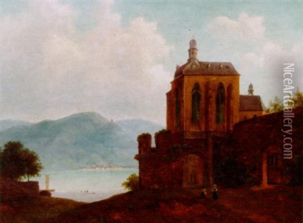 Die Wernerkapelle In Oberwesel Mit Blick Uber Den Rhein Oil Painting - Walther Wuennenberg