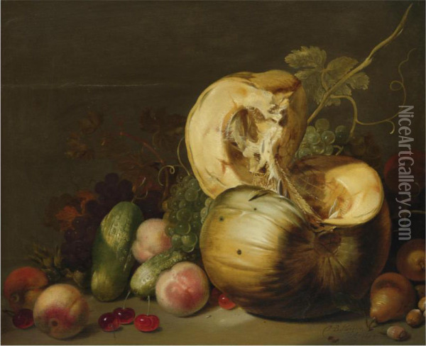 A Still Life With A Pumpkin, Peachs, Grapes, Cherries And Otherfruit Oil Painting - Hans Bollongier