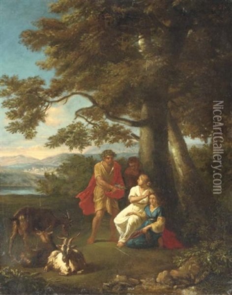 A Classical Landscape, Herdsman And Other Peasants With Mountains Beyond Oil Painting - Andrea Locatelli