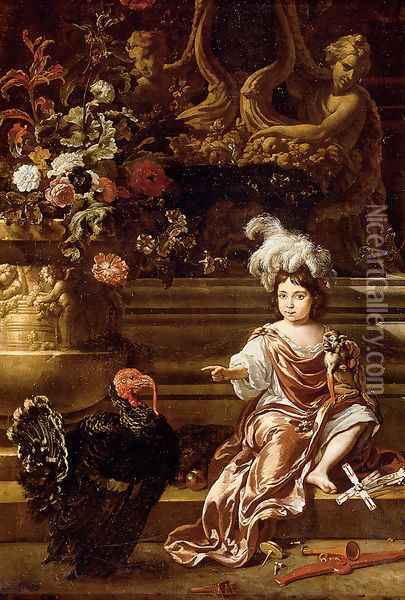 A Boy Seated On A Terrace With His Pet Monkey And a Turkey, A Still Life Of Flowers In A Sculpted Urn At Left Oil Painting - Jan Weenix