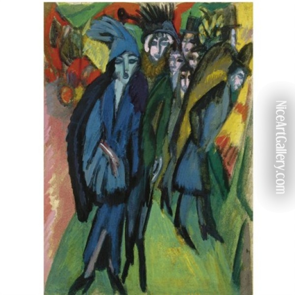 Strassenszene - Street Scene (+ Kopf Graf - Portrait Of Graf; Verso) Oil Painting - Ernst Ludwig Kirchner