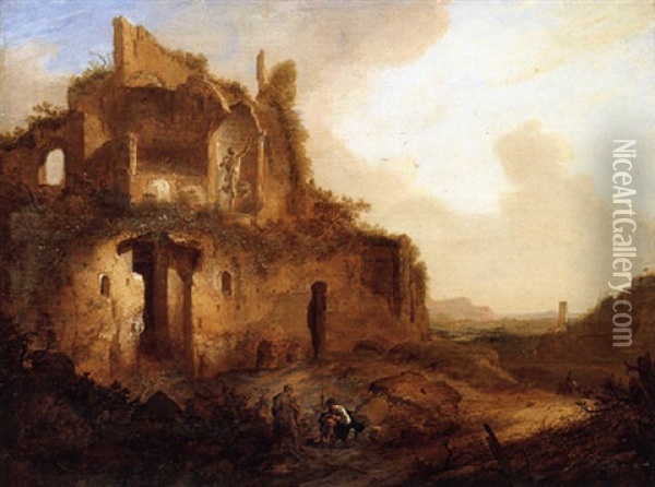An Italianate Landscape With Classical Ruins And An Artist Sketching Oil Painting - Bartholomeus Breenbergh