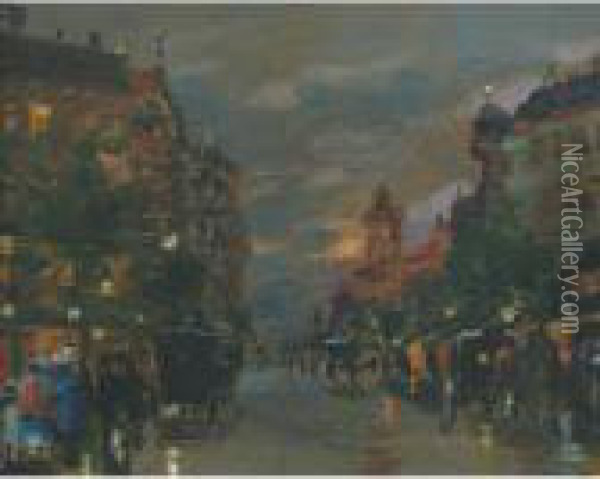 Busy Street Scene At Night, Budapest Oil Painting - Antal Berkes