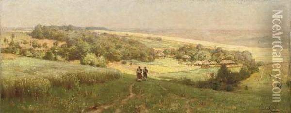 Two Figures Approaching A Village Nestled In A Valley Oil Painting - Vladimir Donatovich Orlovskii