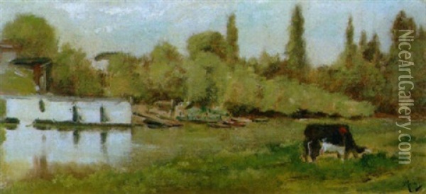 Flusslandschaft Mit Weidender Kuh Oil Painting - Jean-Baptiste Millet