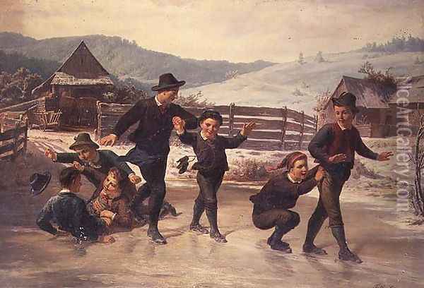 Children skating Oil Painting - Leopold Till