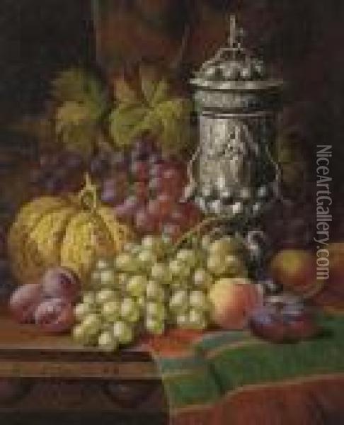 Grapes, Plums, Peaches, A Gourd And An Elaborate Covered Compote Ona Table Top Oil Painting - Charles Thomas Bale
