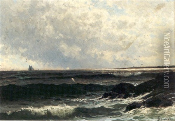 Waves Crashing On The Rocks With Boats In The Distance Oil Painting - Alfred Thompson Bricher