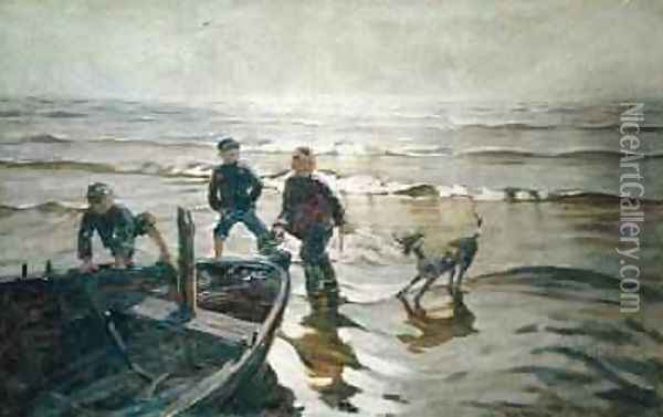 Children on the Sea Oil Painting - V. Nikitin