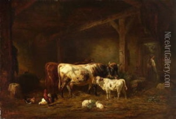 Im Kuhstall Oil Painting - Louis (Ludwig) Reinhardt
